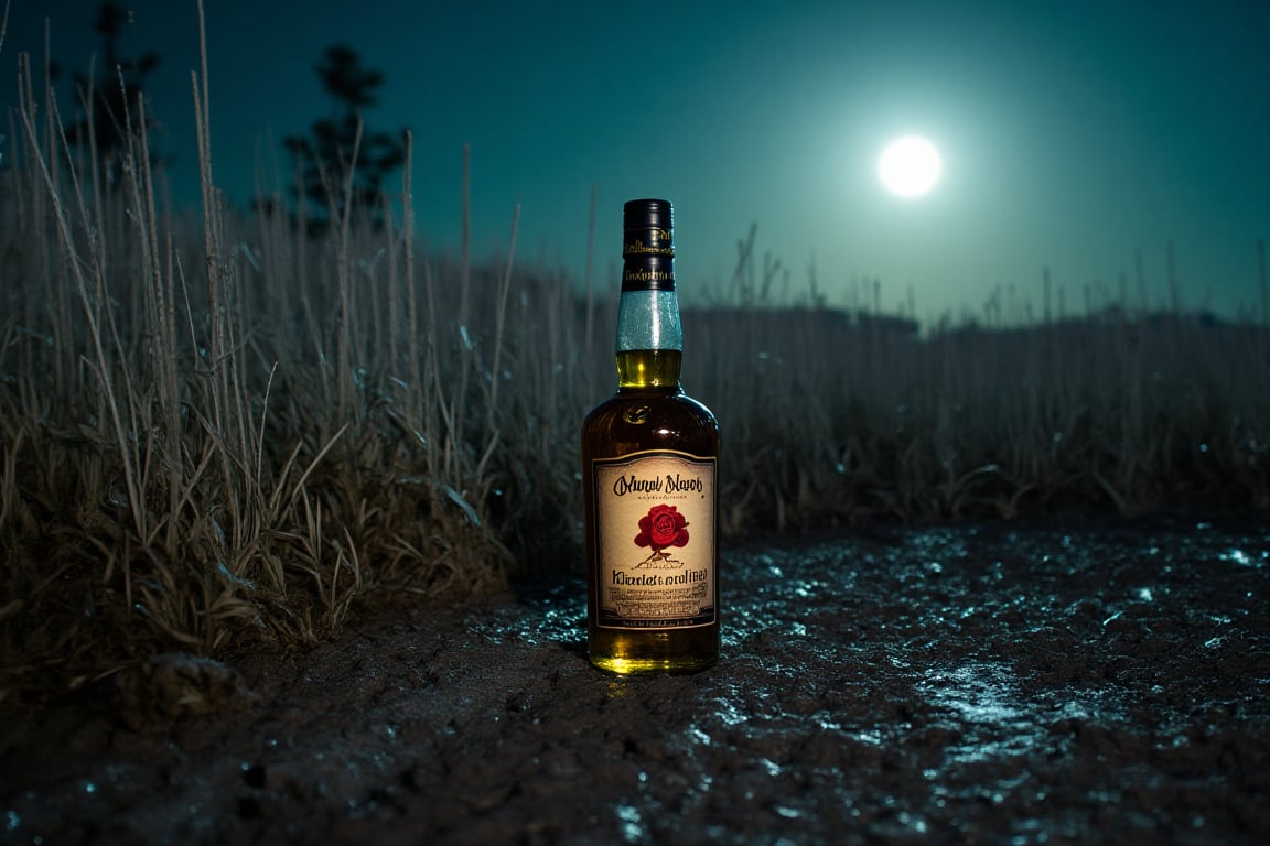 Create a highly photorealistic image of a bottle of whiskey, with the words “Four Roses” on the label, on a very muddy meadow. It is night and the moon shining bright. Showcasing incredible texture and detail. Meticulously illustrated.



