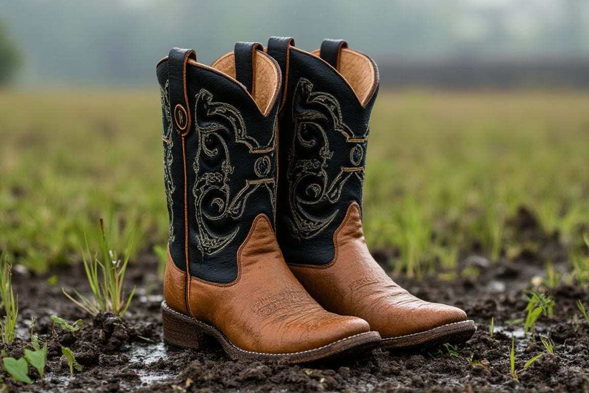 Create a highly photorealistic image of a pair of black and tan cowboy boots with rich embellishments. These are standing on a meadow in the middle of the mud. It is raining and the boots are heavily soiled with mud. Showcasing incredible texture and detail. Meticulously illustrated.



