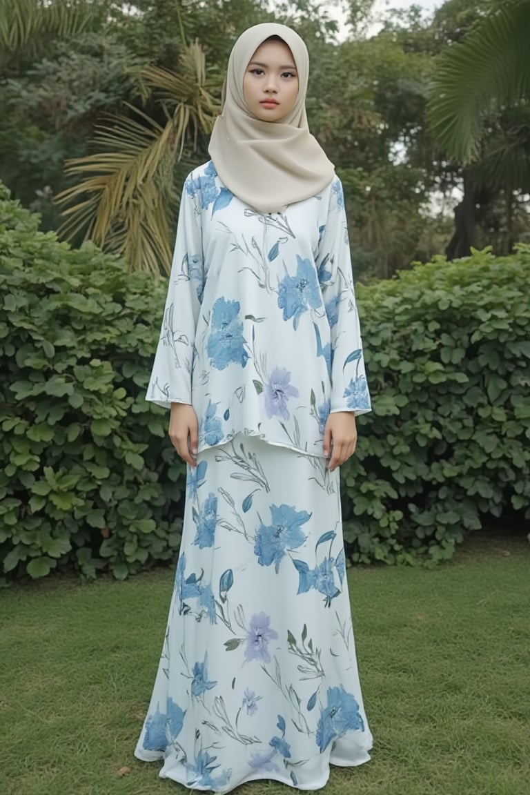 A photograph of a young Asian woman hijab standing outdoors in a lush garden. She has fair skin and hijab styled. She wears a flowing, floor-length white dress baju kurung malaysia adorned with large, pastel blue and purple floral patterns baju kurung malaysia. The dress baju kurung malaysia has a high collar and long, billowy sleeves. She stands on a patch of green grass with a backdrop of dense, green foliage and palm trees. The image is serene and elegant, highlighting the natural beauty of the setting and the intricate design of her attire. baju kurung malaysia,Fantasy Regal Artgem