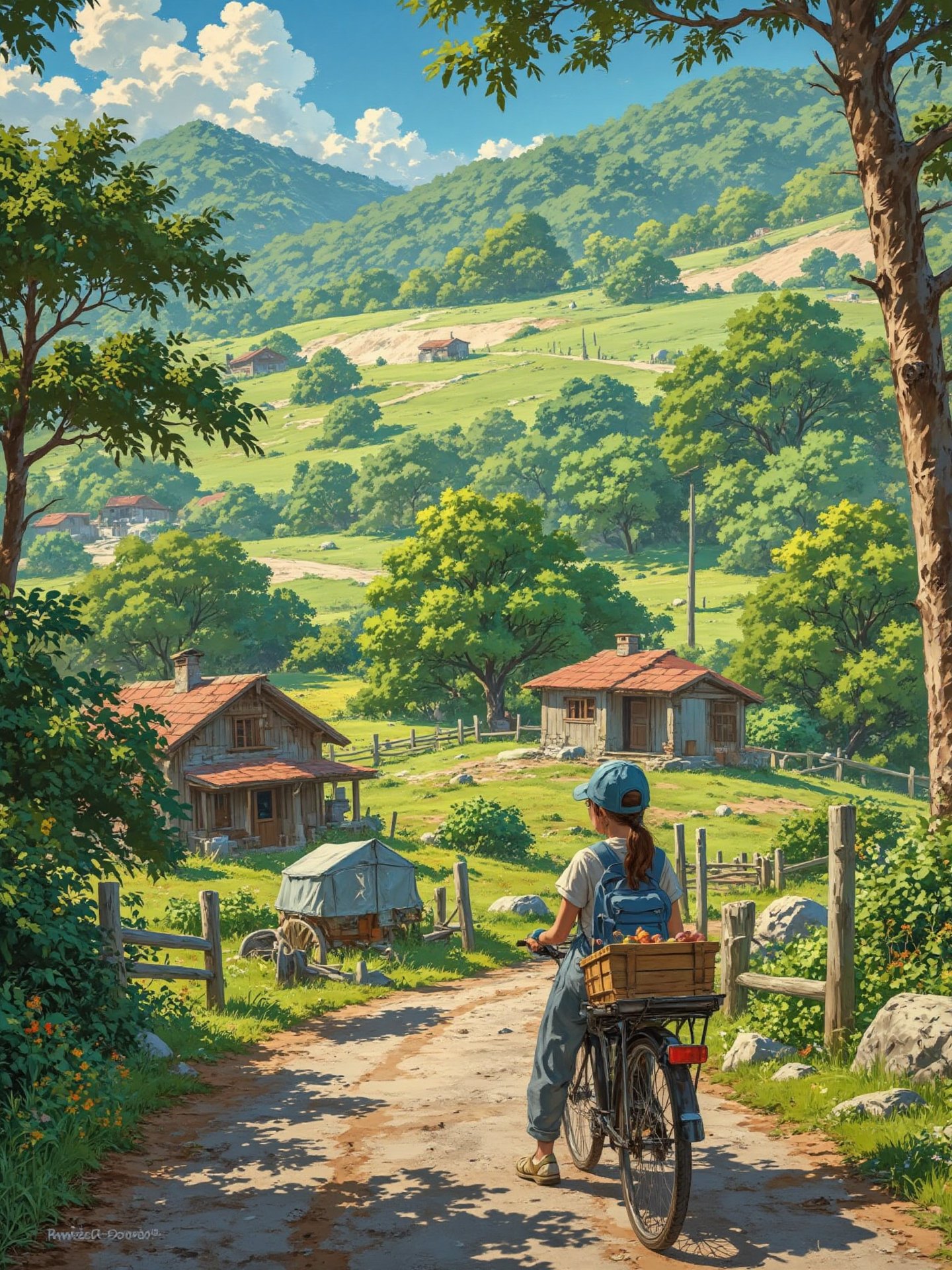 A serene rural scene featuring a beautiful person is engaged in a daily life activity