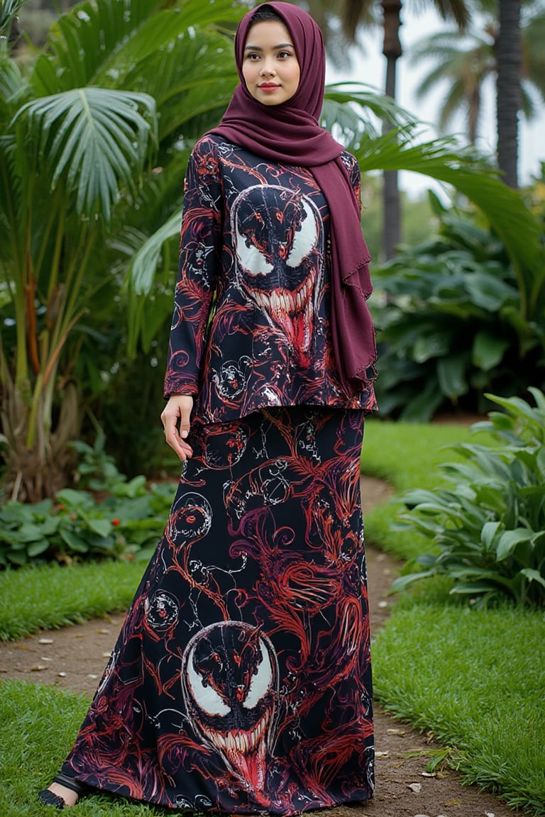 A high-quality fashion, a close-up portrait shot woman wear a hijab design featuring an integration of Venom marvel character with traditional batik patterns with baju kurung malaysia. The hijab fabric showcases elegant batik motifs—swirls, florals, and geometric patterns blended with ((Venom marvel iconic character features such as eyes, face, sharp teeth, tendrils, and muscular form, seamlessly flowing across the fabric:1.2)). 

The dominant colors are deep black, red, white, and shades of dark purple, creating a bold and edgy contrast while maintaining the elegance of traditional batik highlighting the detailed patterns and Venom integrated design. 

The overall look is sophisticated yet fierce, offering a unique fusion of fashion, tradition, and modern pop culture, BatikPattern,kurung_modern,baju kurung malaysia,bajukurung,baju kurung moden She stands on a patch of green fantasy grass with a busy wedding backdrop of dense, green foliage and palm trees. The image is serene and elegant, highlighting the natural beauty of the setting and the intricate design of her attire