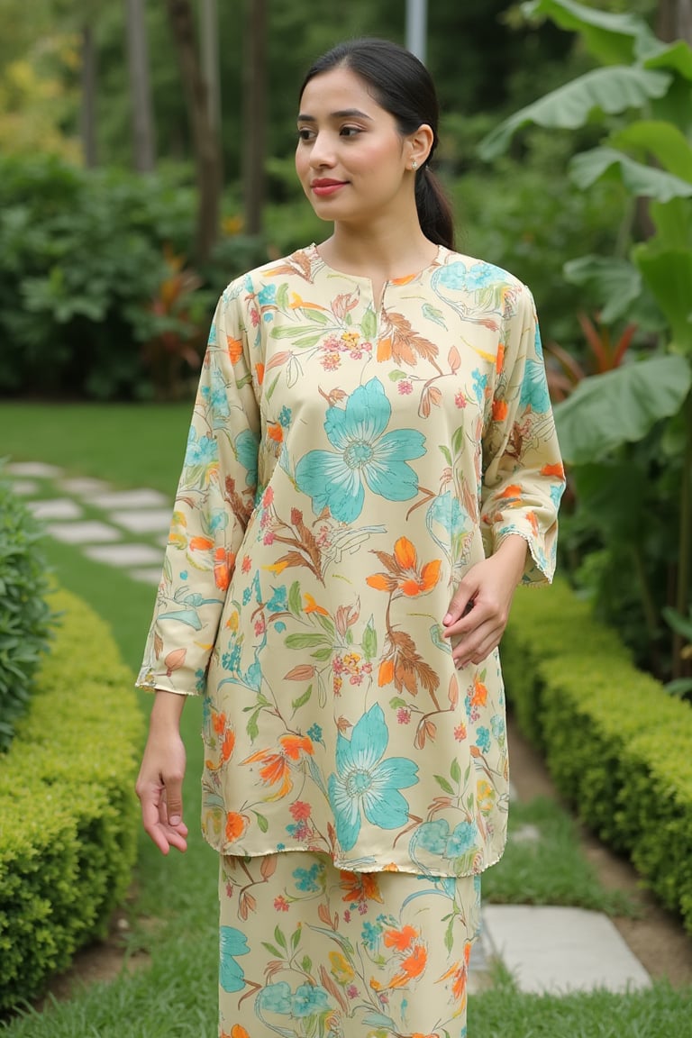 A photograph of a woman standing in a lush, green garden. She wears a light beige, long-sleeved blouse with colorful floral patterns in turquoise, orange, and brown. The blouse baju kurung malaysia is paired with a matching long skirt. Her hair is neatly tied back, and she wears minimal jewelry. The background features manicured shrubs, a small stone pathway, and various tropical plants. The overall setting exudes a serene, natural ambiance. baju kurung malaysia