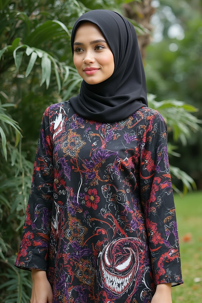 A high-quality fashion, a close-up portrait shot woman wear a hijab design featuring an integration of Venom marvel character with traditional batik patterns with baju kurung malaysia. The hijab fabric showcases elegant batik motifs—swirls, florals, and geometric patterns blended with Venom marvel iconic character features such as eyes, face, sharp teeth, tendrils, and muscular form, seamlessly flowing across the fabric. 

The dominant colors are deep black, red, white, and shades of dark purple, creating a bold and edgy contrast while maintaining the elegance of traditional batik highlighting the detailed patterns and Venom integrated design. 

The overall look is sophisticated yet fierce, offering a unique fusion of fashion, tradition, and modern pop culture, BatikPattern,kurung_modern,baju kurung malaysia,bajukurung,baju kurung moden She stands on a patch of green fantasy grass with a busy wedding backdrop of dense, green foliage and palm trees. The image is serene and elegant, highlighting the natural beauty of the setting and the intricate design of her attire