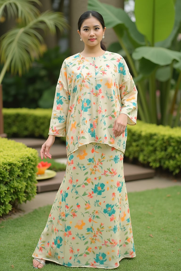 A photograph of a woman standing in a lush, green garden. She wears a light beige, long-sleeved blouse with colorful floral patterns in turquoise, orange, and brown. The blouse baju kurung malaysia is paired with a matching long skirt. Her hair is neatly tied back, and she wears minimal jewelry. The background features manicured shrubs, a small stone pathway, and various tropical plants. The overall setting exudes a serene, natural ambiance. baju kurung malaysia