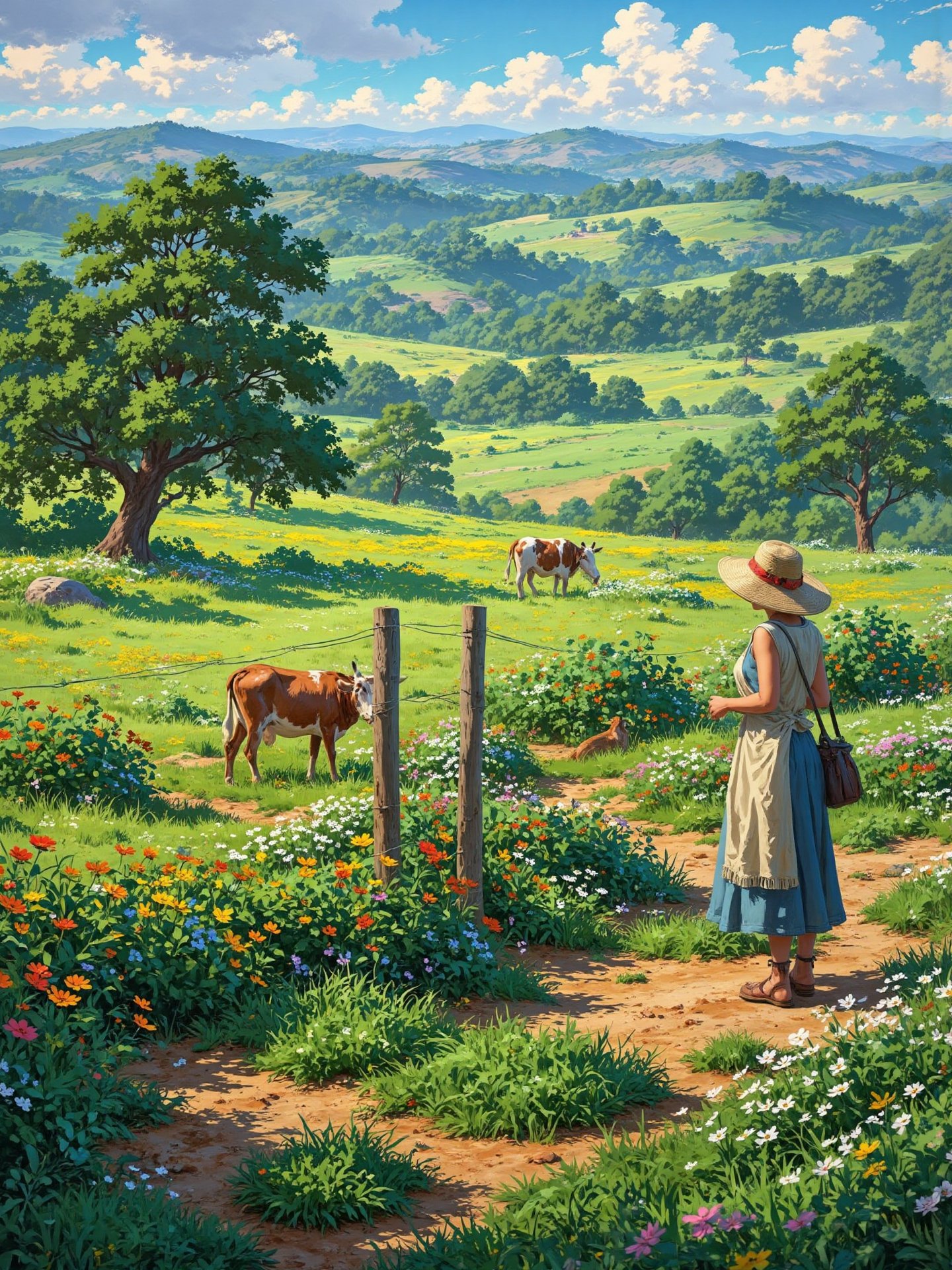 A serene rural scene featuring a beautiful person is engaged in a daily life activity