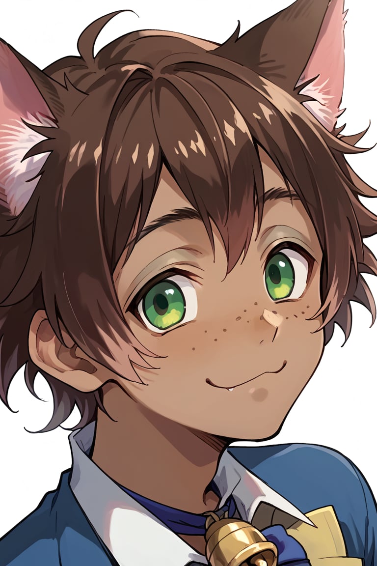 score_9, score_8_up, score_7_up, source_anime, BREAK, 1boy, male focus, solo, slender body, smile, :3, neck bell, tail, looking at viewer, portrait, simple background, pose cute,gidel,brown hair, cat ears, cat tail, dark skin, green eyes, freckles