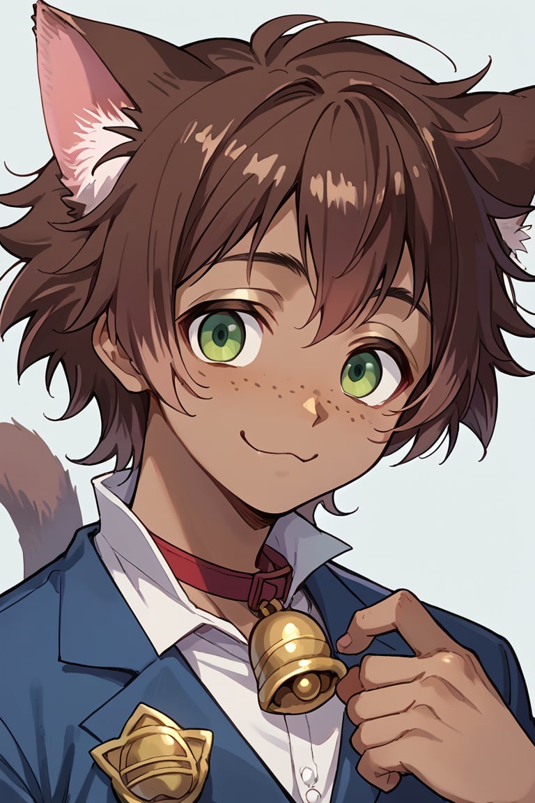 score_9, score_8_up, score_7_up, source_anime, BREAK, 1boy, male focus, solo, slender body, smile, :3, neck bell, tail, looking at viewer, portrait, simple background, pose cute,gidel,brown hair, cat ears, cat tail, dark skin, green eyes, freckles