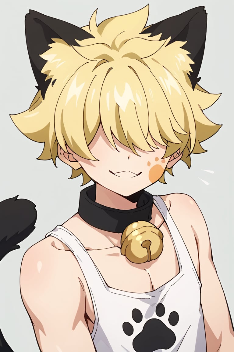 score_9, score_8_up, score_7_up, source_anime, BREAK, 1boy, male focus, solo, slender body, Kengo, yellow hair, hair over eyes, smile, :3, neck bell, animal ears, paw print on left cheek, tail, looking at viewer, portrait, simple background, pose cute 