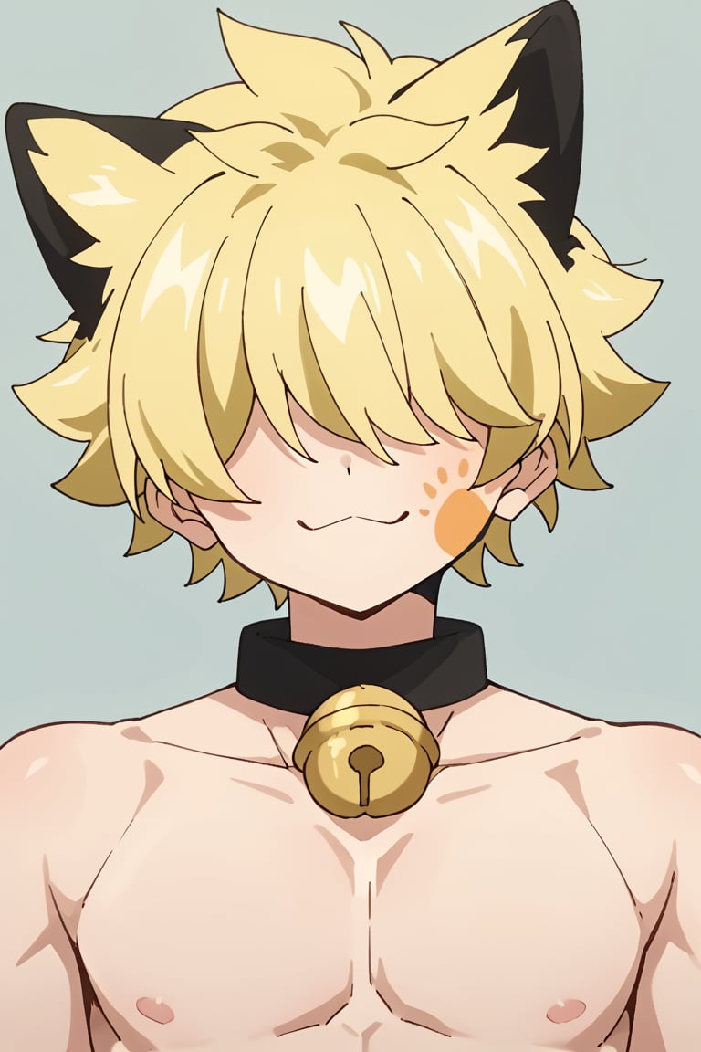 score_9, score_8_up, score_7_up, source_anime, BREAK, 1boy, male focus, solo, slender body, Kengo, yellow hair, hair over eyes, smile, :3, neck bell, animal ears, paw print on left cheek, tail, looking at viewer, portrait, simple background, pose cute 