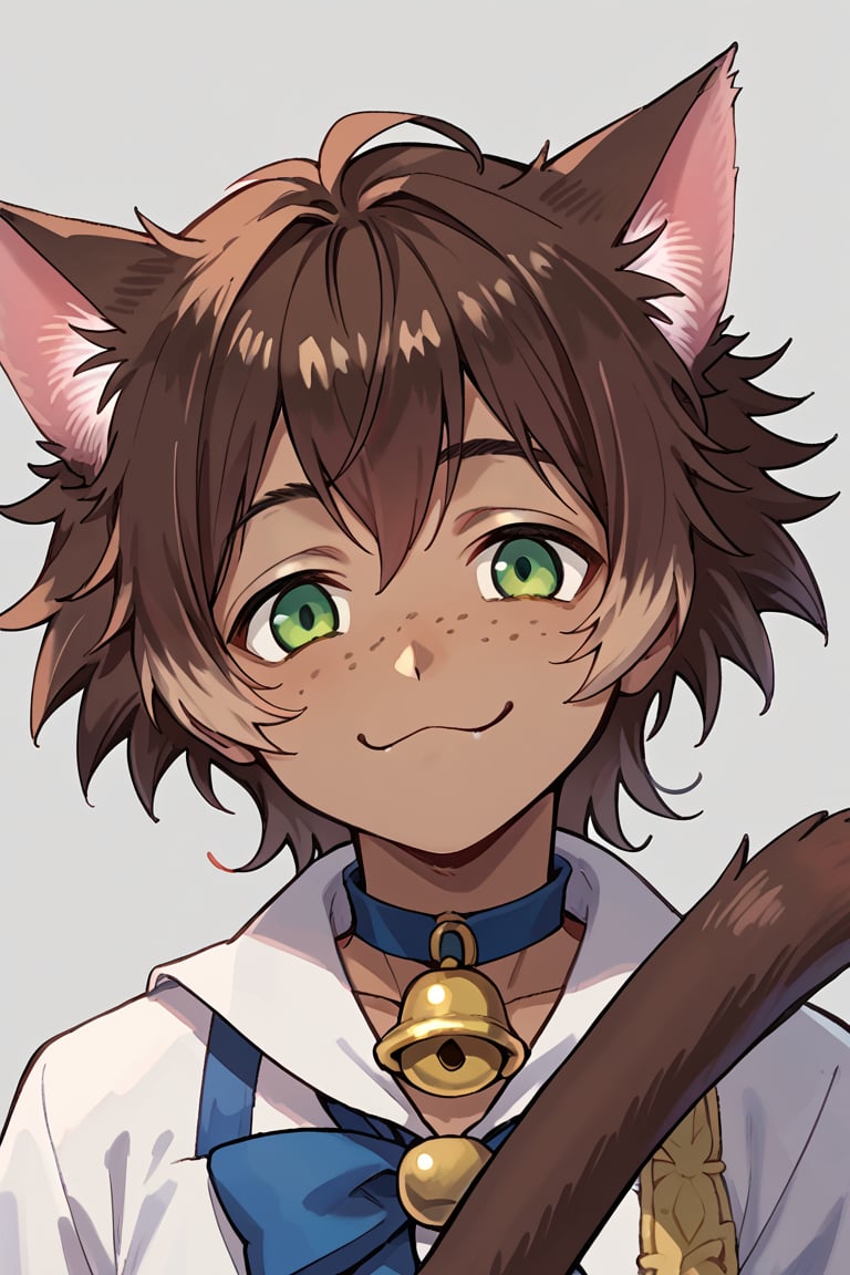 score_9, score_8_up, score_7_up, source_anime, BREAK, 1boy, male focus, solo, slender body, smile, :3, neck bell, tail, looking at viewer, portrait, simple background, pose cute,gidel,brown hair, cat ears, cat tail, dark skin, green eyes, freckles