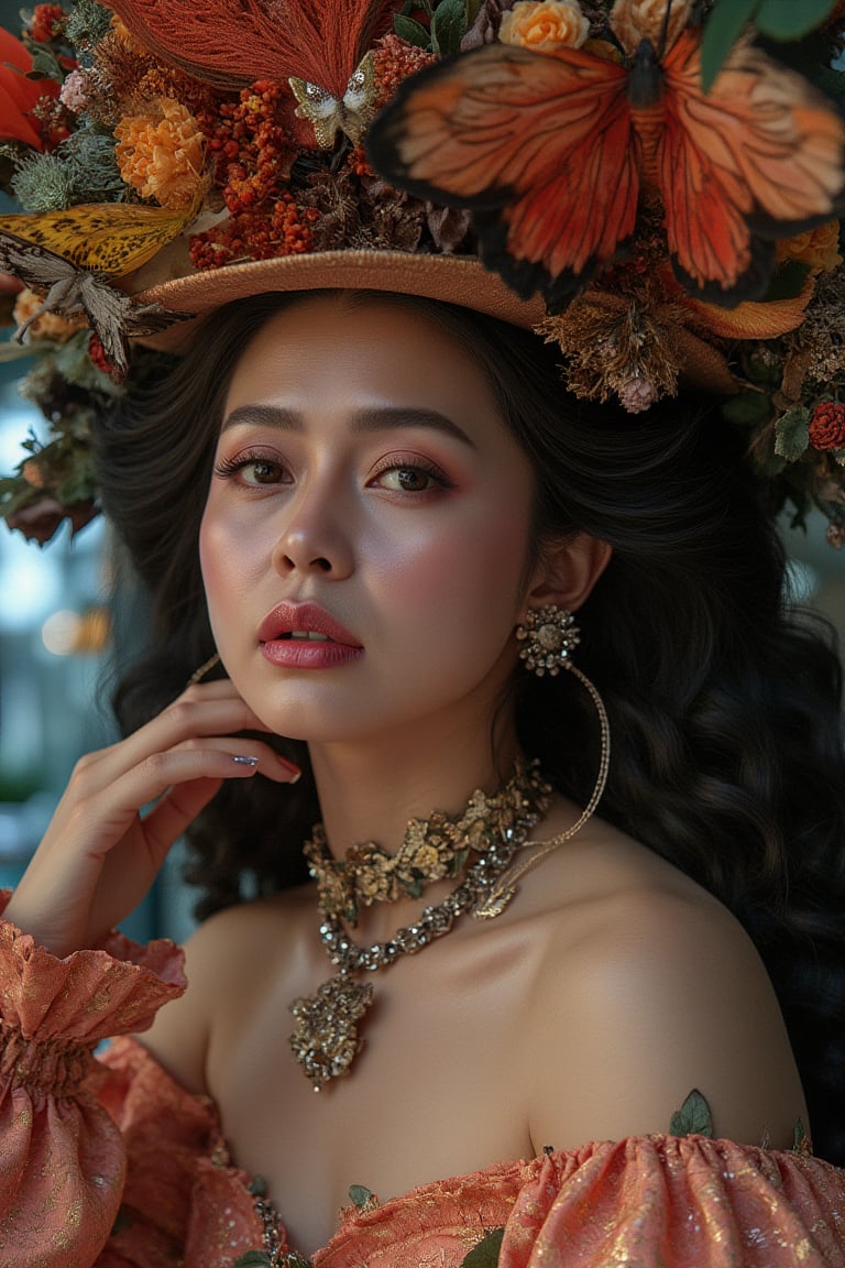 Close-up portrait of women in a cyberpunk rococo cosplay dress and hat, surrounded by butterflys, styled in a retro and fantasy blend. The image is rendered in 8K Octane, featuring fantasy art behavior and water magic elements. Captured with UHD resolution, the scene showcases a fantasy photo shoot with intricate costume design, reminiscent of a rococo queen. The lighting is dimly lit and dramatic, enhancing the HDR and hyper-realistic quality. The masterpiece boasts absurdres and best quality at 1.3, with a perfect face, detailed hands and eyes, and intricate details at 1.3. The colors are cold and dark, with dynamic lighting and ultra-detailed elements..Auguste Renoir ~ Paul Peel ~ John Singer Sargent ~ Alexandre-Jacques Chantron ~ John William Godward ~ John William Waterhouse ~ Han-Wu Shen ~ Ishitaka Amano ~ Chakrapan Posayakrit ~ Kim Jung Gi ~ Kei Mieno ~ Ikushima Hiroshi ~ WLOP ~ William-Adolphe Bouguereau ~ Alphonse Mucha ~Luis Royo ~ Range Murata ~ Jock Sturges photography ~ David Hamillton photography,sparkles,surreal., Finn