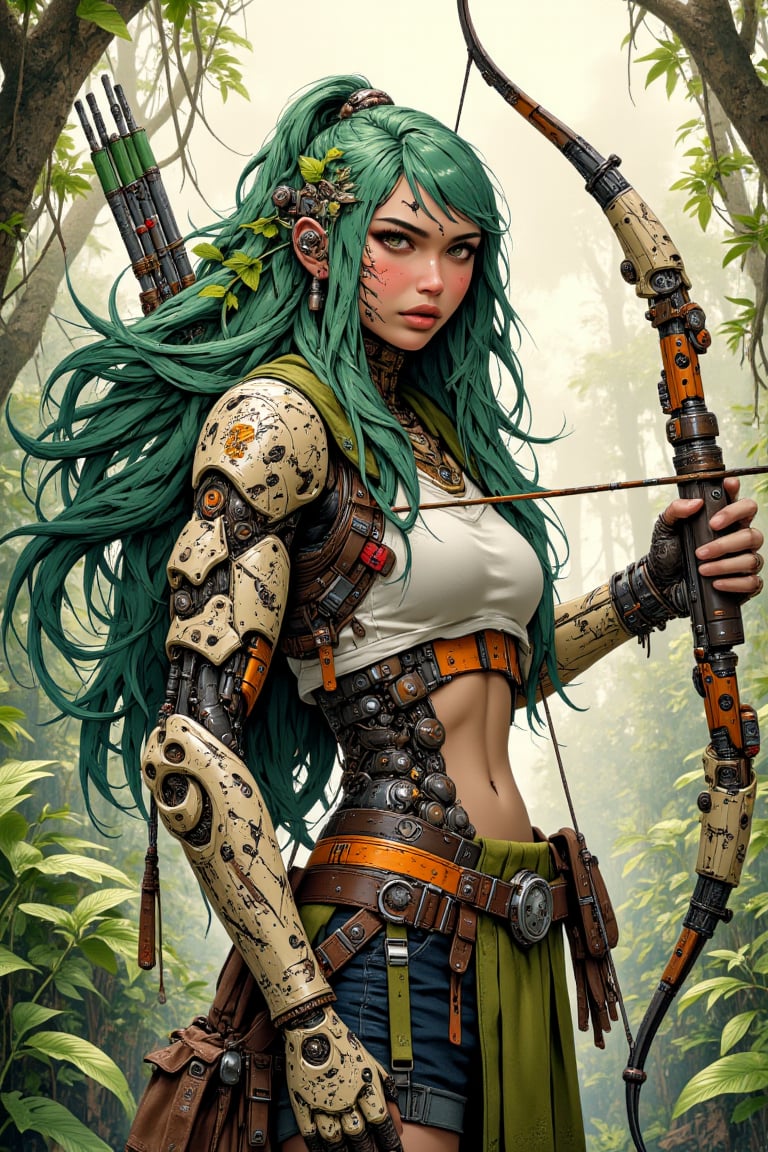 mythp0rt, anime, sepia, BREAK, bio-mechanical huntress, flowing green hair with gold tips, tribal markings on her face, armor adorned with leaves and vines, seamlessly integrated with her skin, enhanced vision sensors, holding a high-tech bow drawn taut, abstract background of a lush, overgrown jungle intertwined with futuristic technology.