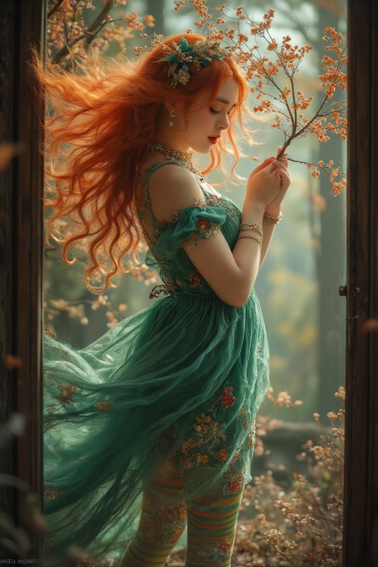 A hyper-realistic game art illustration of a whimsical,  ethereal figure with flowing crimson hair and piercing teal eyes,...