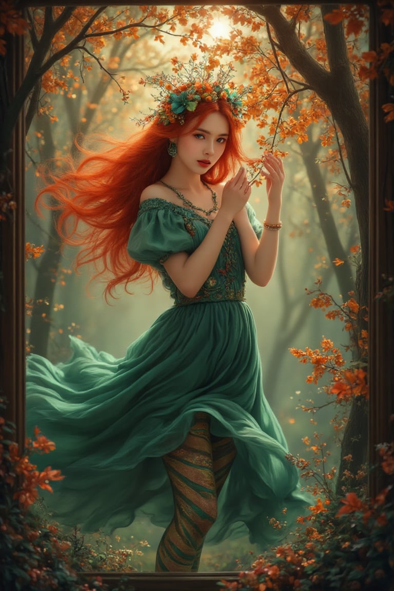 A hyper-realistic game art illustration of a whimsical,  ethereal figure with flowing crimson hair and piercing teal eyes,...