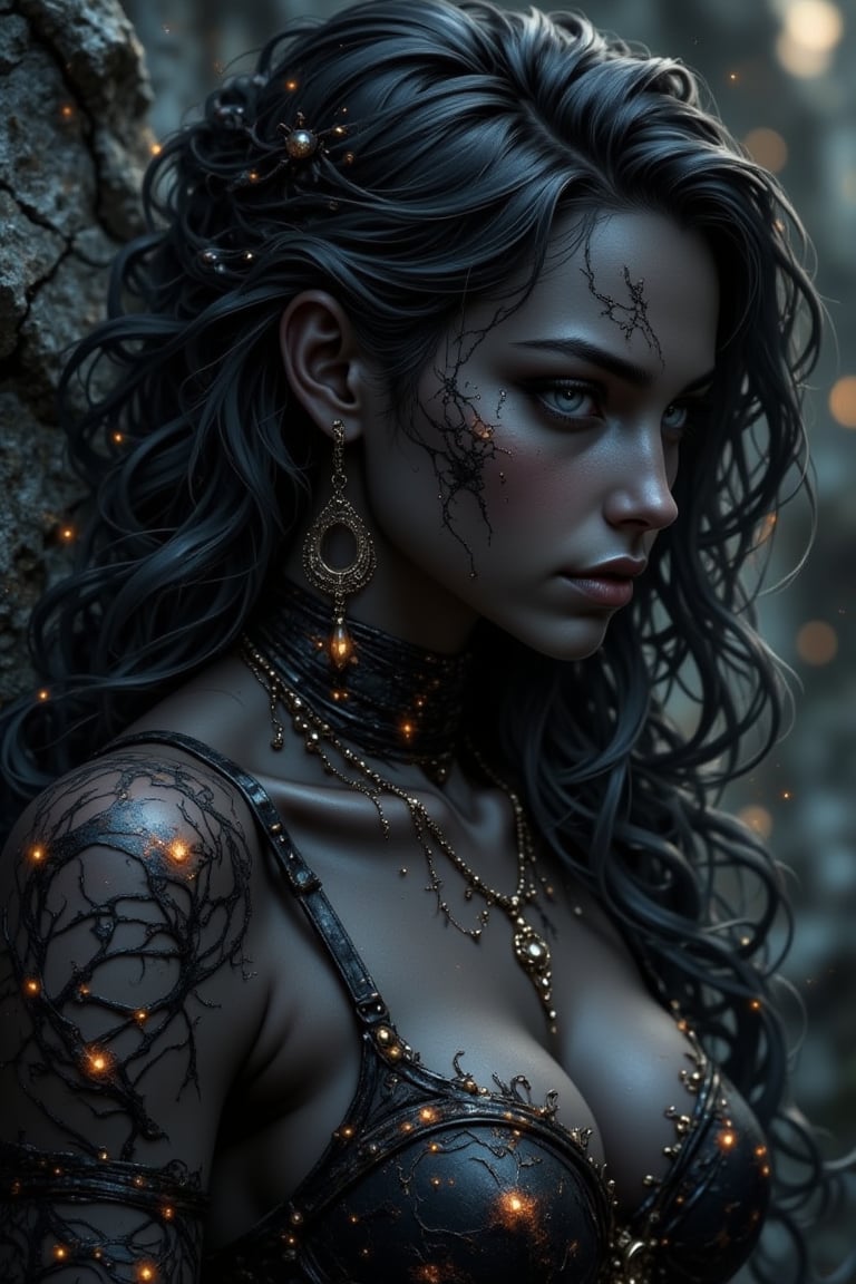 A volcanic woman with black clay skin and lava veins stands amidst a cracked,  crumbling world. Gothic style,  fisherman m...