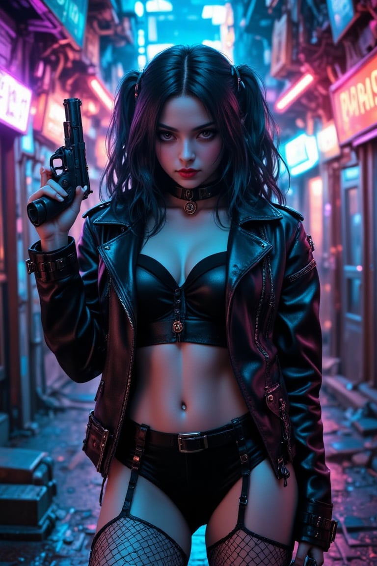 Harley Quinn's cyberpunk persona: a dark-haired, red-lipped beauty posing confidently with a gleaming pistol in hand. Framed against a neon-drenched cityscape, her black leather jacket and ripped fishnet stockings seem to blend seamlessly into the futuristic landscape. Harsh blue lighting casts an edgy glow on her pale skin as she gazes directly at the viewer, a mischievous glint in her eye.