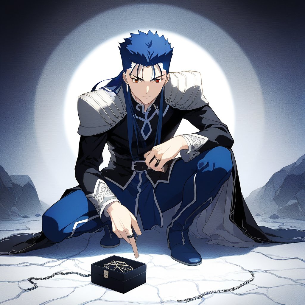 A close-up shot of Cú Chulainn from Fate/Stay Night, kneeling on both knees with a sincere expression, holding a ring box out towards the viewer. His body is covered in semen, creating a stark contrast against his dark clothing. The scene is dimly lit with harsh shadows, emphasizing the gritty and intense atmosphere. The background is blurred, focusing attention on Cú Chulainn's determined yet disheveled appearance. The composition centers on his face and the ring box, amidst the chaotic and provocative context.