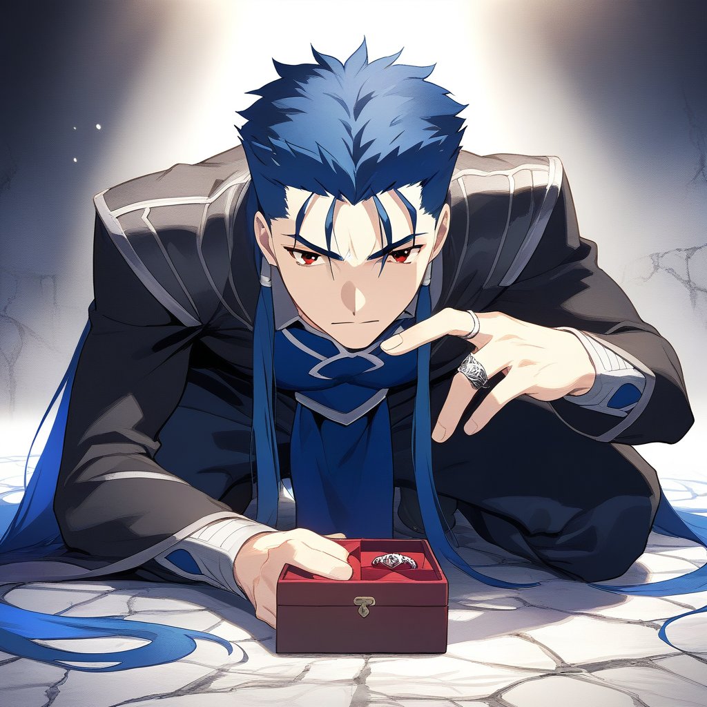 A close-up shot of Cú Chulainn from Fate/Stay Night, kneeling on both knees with a sincere expression, holding a ring box out towards the viewer. His body is covered in semen, creating a stark contrast against his dark clothing. The scene is dimly lit with harsh shadows, emphasizing the gritty and intense atmosphere. The background is blurred, focusing attention on Cú Chulainn's determined yet disheveled appearance. The composition centers on his face and the ring box, amidst the chaotic and provocative context.