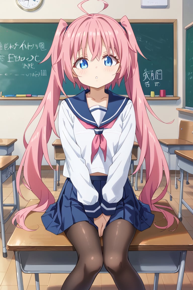 1girl, solo, long hair, looking at viewer, blush, bangs, blue eyes, skirt, shirt, long sleeves, ribbon, twintails, sitting, very long hair, school uniform, white shirt, pink hair, ahoge, pantyhose, pleated skirt, parted lips, serafuku, indoors, sailor collar, blue skirt, black pantyhose, window, neck ribbon, feet out of frame, blue sailor collar, desk, between legs, hand between legs, classroom, school desk, chalkboard, on desk, sitting on desk