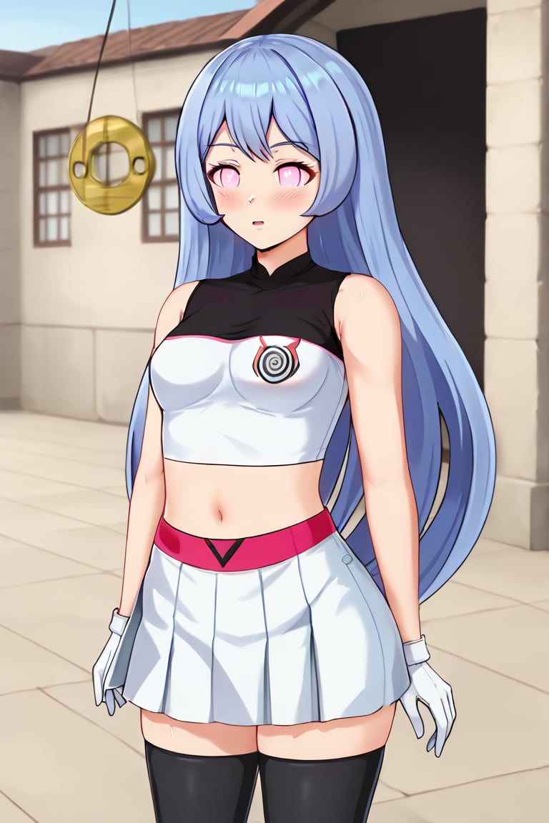 masterpiece, best quality,high resolution, 1 girl,
prompt 1: nejire hadou, blue hair, long hair,
Team Hypno, crop top, sleeveless, gloves, white gloves, navel, midriff, skirt, miniskirt, thighhighs, black thighhighs, boots
spiral pink eyes, blushing. She is standing outside a school building in daylight, looking confused. Three-quarter body shot, thigh view, hypnosis, in the action of fully lifting her skirt, confused, pendulum, lifting up her skirt, pink underwear, nice body, Hypnotized Face, hypno wave