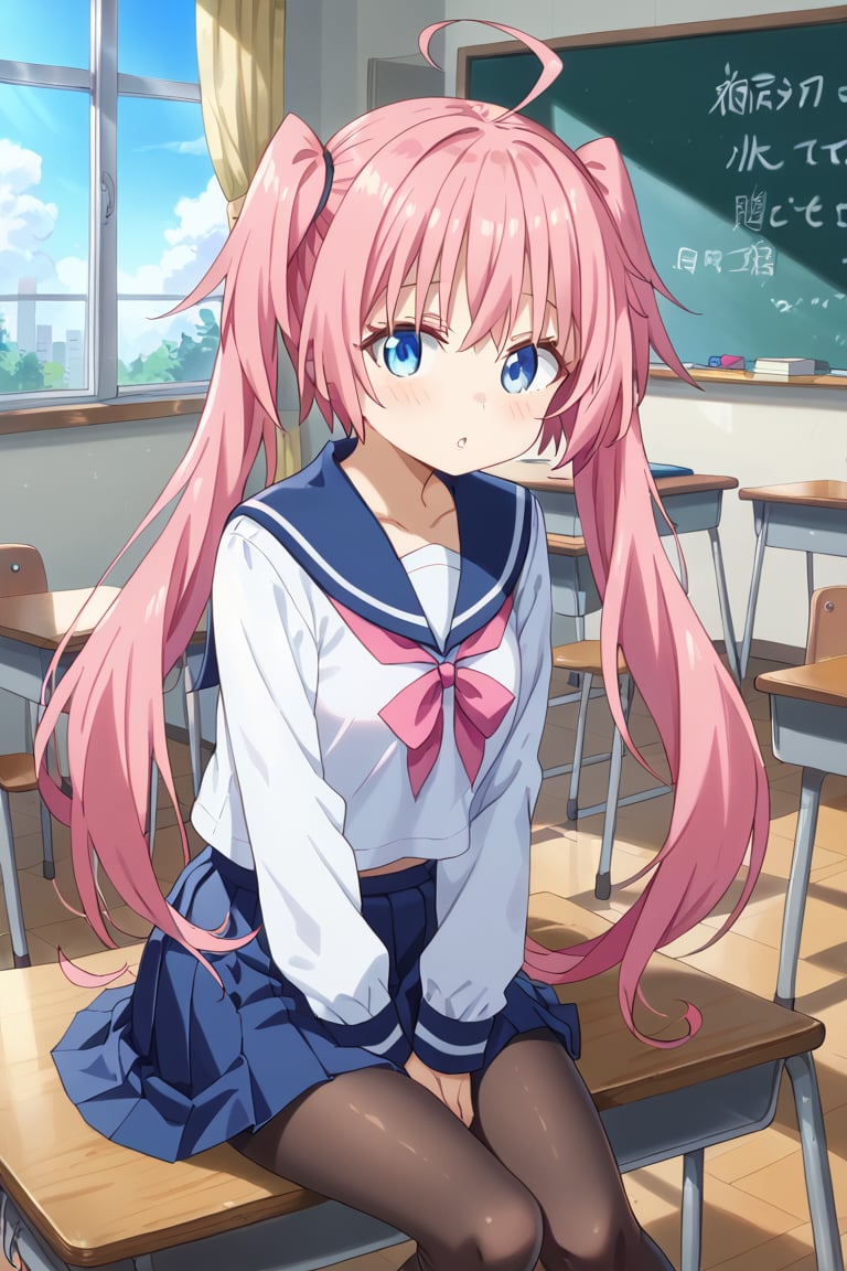 1girl, solo, long hair, looking at viewer, blush, bangs, blue eyes, skirt, shirt, long sleeves, ribbon, twintails, sitting, very long hair, school uniform, white shirt, pink hair, ahoge, pantyhose, pleated skirt, parted lips, serafuku, indoors, sailor collar, blue skirt, black pantyhose, window, neck ribbon, feet out of frame, blue sailor collar, desk, between legs, hand between legs, classroom, school desk, chalkboard, on desk, sitting on desk