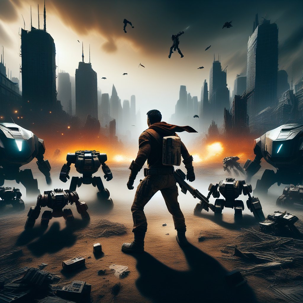 A man in rugged, tattered clothing, mid-combat stance, fighting off a swarm of metallic robots in a desolate, post-apocalyptic landscape. The scene is framed with the man at the center, surrounded by the robots, with debris and remnants of a fallen city in the background. The lighting is harsh, with dramatic shadows and a muted color palette. The composition emphasizes the man's struggle against overwhelming odds, with dynamic action and intense focus.