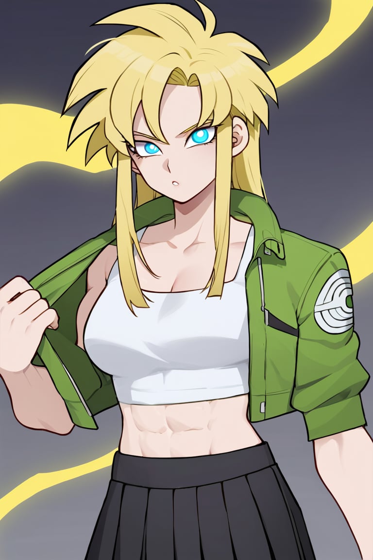 1woman, female_solo, medium muscles, six pack, (((long hairstyle, spiky hairs))) , (((hairs downwards, flowy hairs, loose hairs, yamcha hairstyle))), blonde hair, side swept bangs,  (((bangs))), ratatatat74 artstyle, solo focus, (no pupil, azure eyes)), sexy lips,  pale skin, ((ultra detailed pupils)), ((solo focus)), ((dragon ball style, super saiyan, yellow aura, white crop top, green jacket, black skirt, pleated skirt, half body)),dbsb