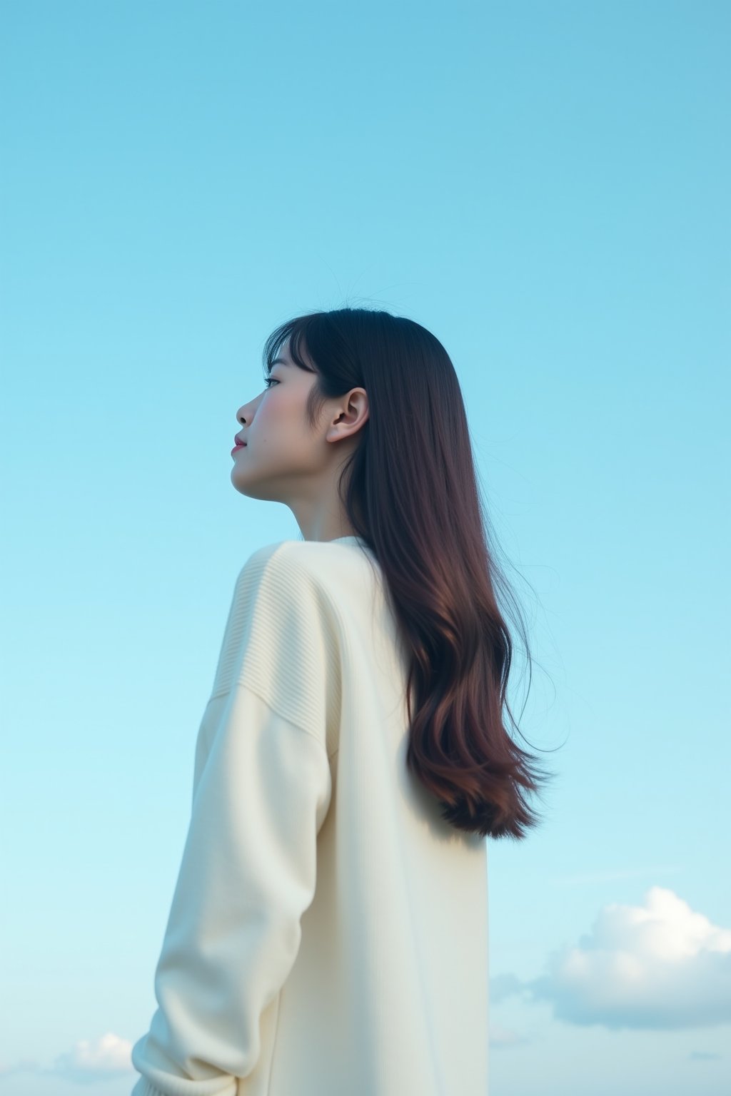 An extra long shot landscape photo showing the profile of a young Asian woman standing in front of blue sky. The woman has long hair, wears white sweater dress. The overall image shows a minimalistic and dreamini style.