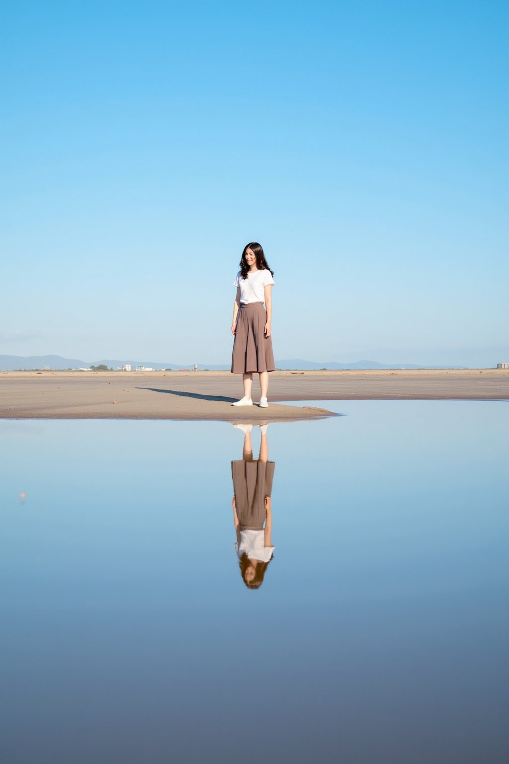 An extra long shot landscape photo showing a young  woman standing on a patch of sand, barely above the lack water.  We see her relfection in the water.  Background is a blue sky. The overall image shows a minimalistic and dreamini style.