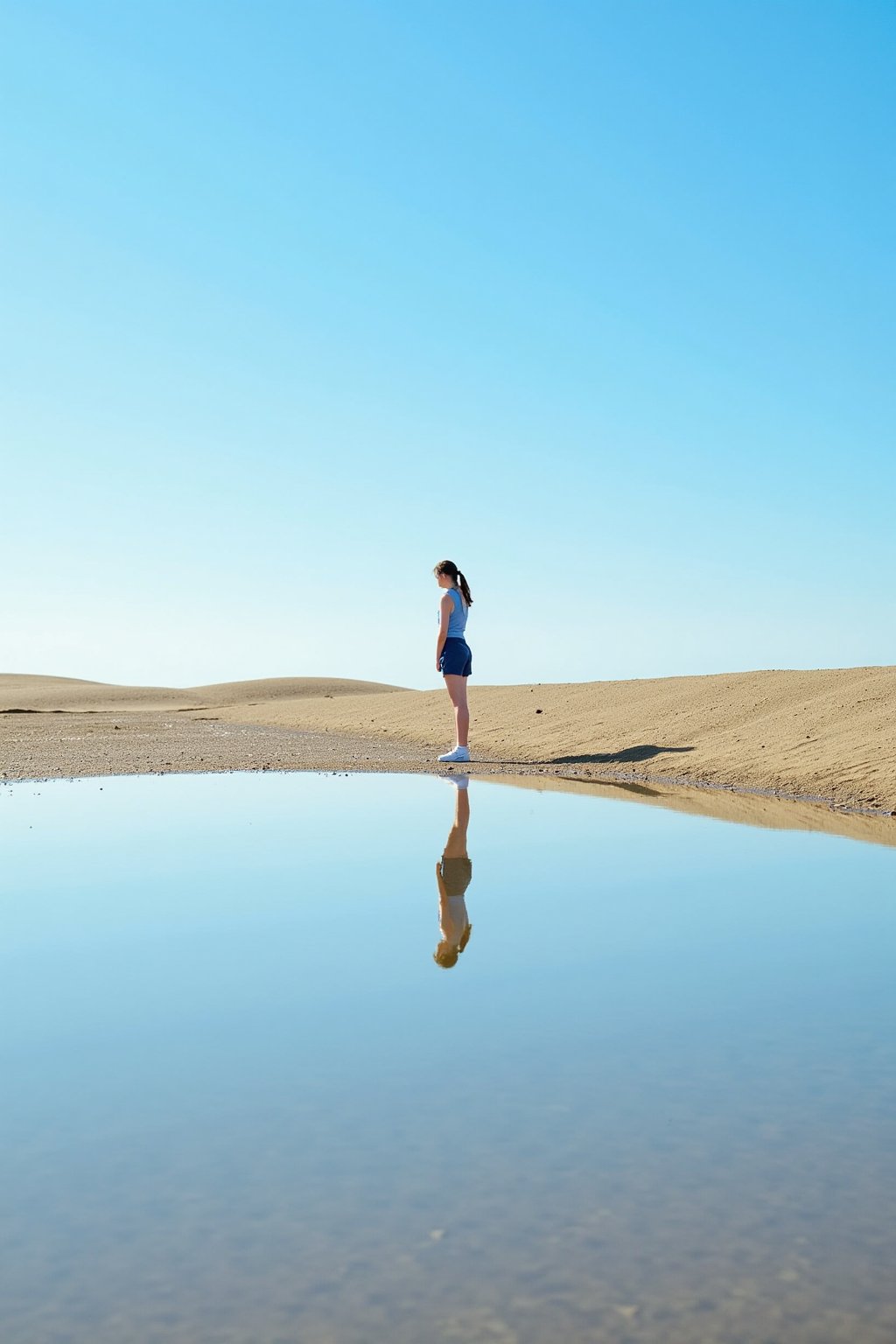 An extra long shot landscape photo showing a young  woman standing on a patch of sand, barely above the lack water. She has a ponytail, wears a blue tennis outfit, and She is looking at the horizon. We see her relfection in the water.  Background is a blue sky. The overall image shows a minimalistic and dreamini style.