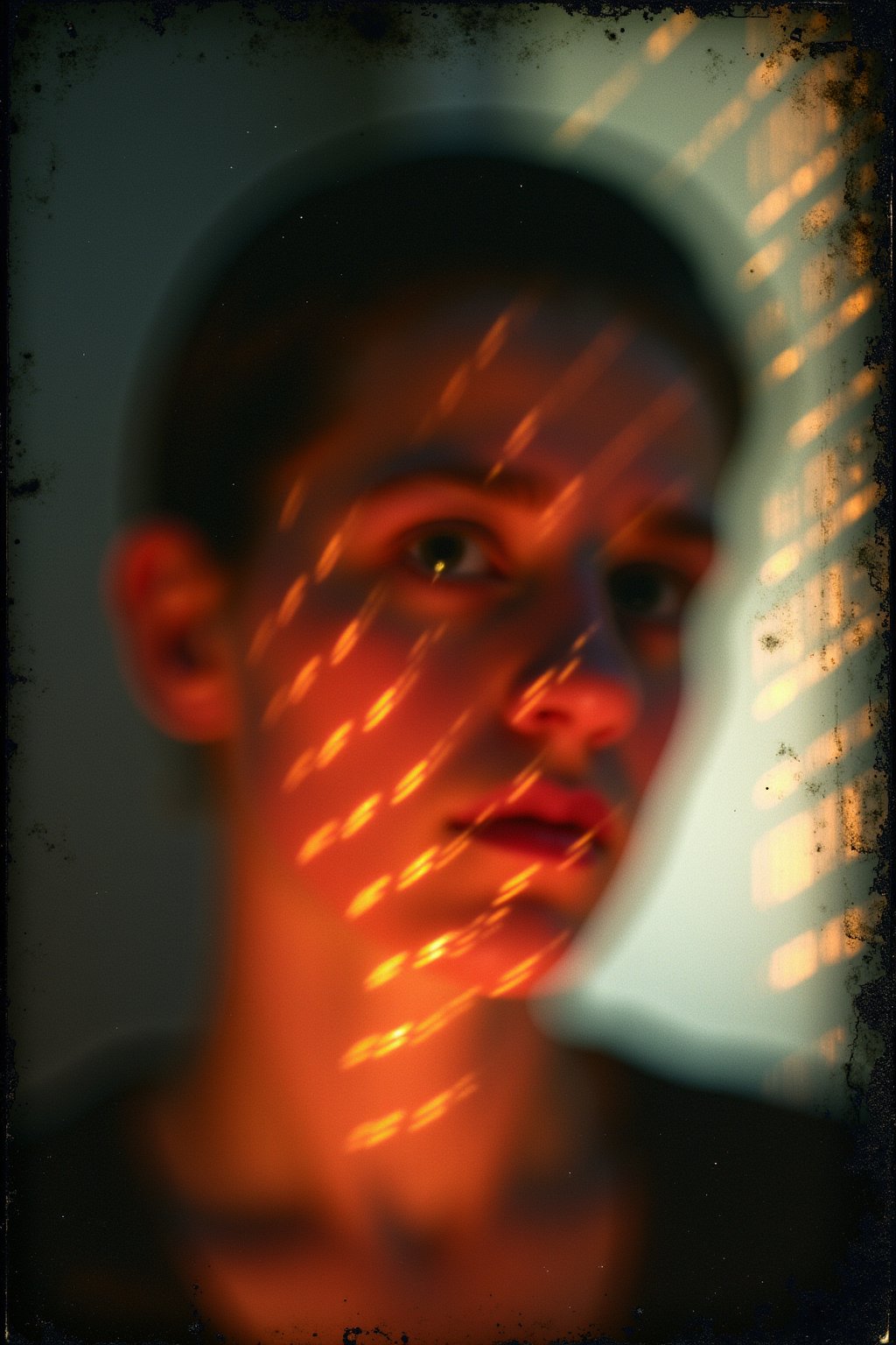 An abstract pattern of film burns and dynamic light streaks creates a vivid backdrop, shrouding a vaguely distinguishable, blurry photo of a face. The face is partially obscured by the chaotic interplay of intense film burns and radiant light patterns, which merge and swirl in an intricate, ethereal composition. The image features a high level of abstraction with distorted light and shadow, giving only the faintest hints of facial features through the heavy blur. Grainy, grain, film grain, candid, high contrast, film burn, analog texture, partial silhouette, Chiaroscuro, off-centered, asymmetrical, highlight bloom, filmic glow, blown-out highlights, moody, herbstphoto, herbst photo.  