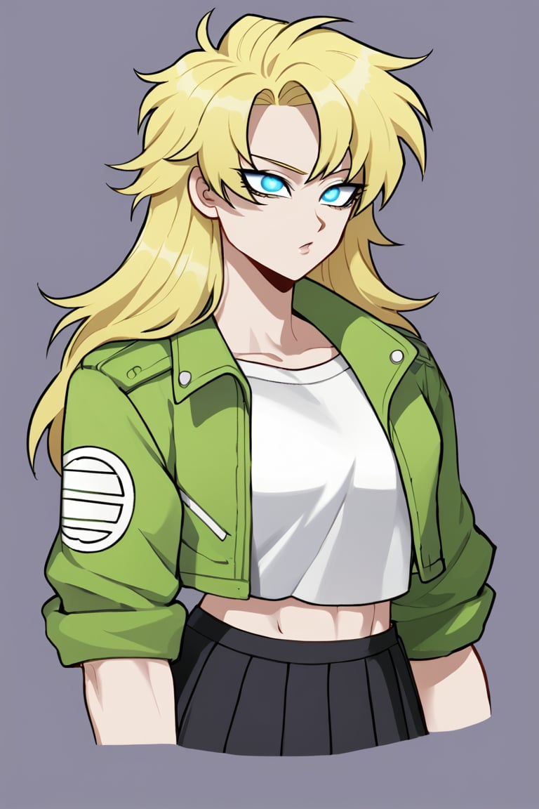 1woman, female_solo, medium muscles, six pack, (((long hairstyle, spiky hairs))) , (((hairs downwards, flowy hairs, loose hairs, yamcha hairstyle))), blonde hair, side swept bangs,  (((bangs))), ratatatat74 artstyle, solo focus, (no pupil, azure eyes)), sexy lips,  pale skin, ((ultra detailed pupils)), ((solo focus)), ((dragon ball style, super saiyan, yellow aura, white crop top, green jacket, black skirt, pleated skirt, half body)),dbsb