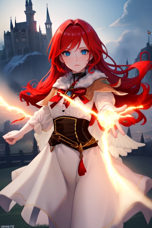 Beautiful woman, red hair, blue eyes, 8k, releasing energy from her hands, Conversing with angels, moving arms, 8k, you see the castle in the background