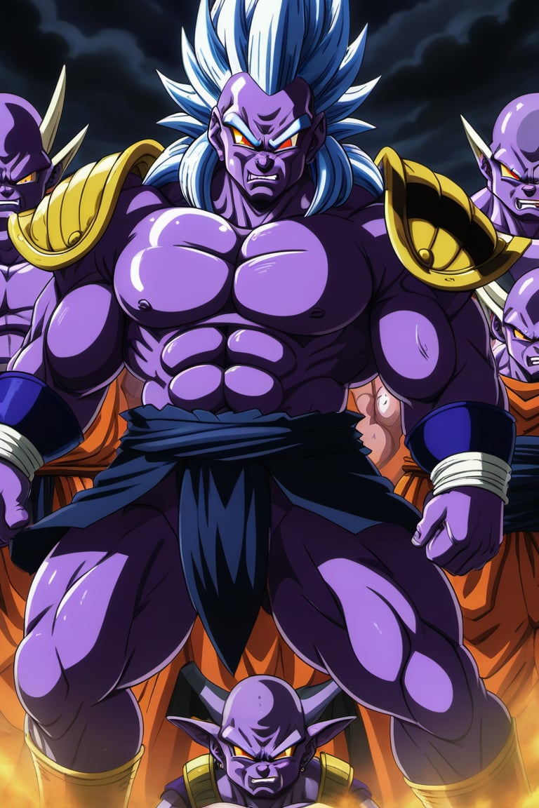 The God of Destruction Berus from Dragon Ball anime, with menacing look, surrounded by several warriors from the anime