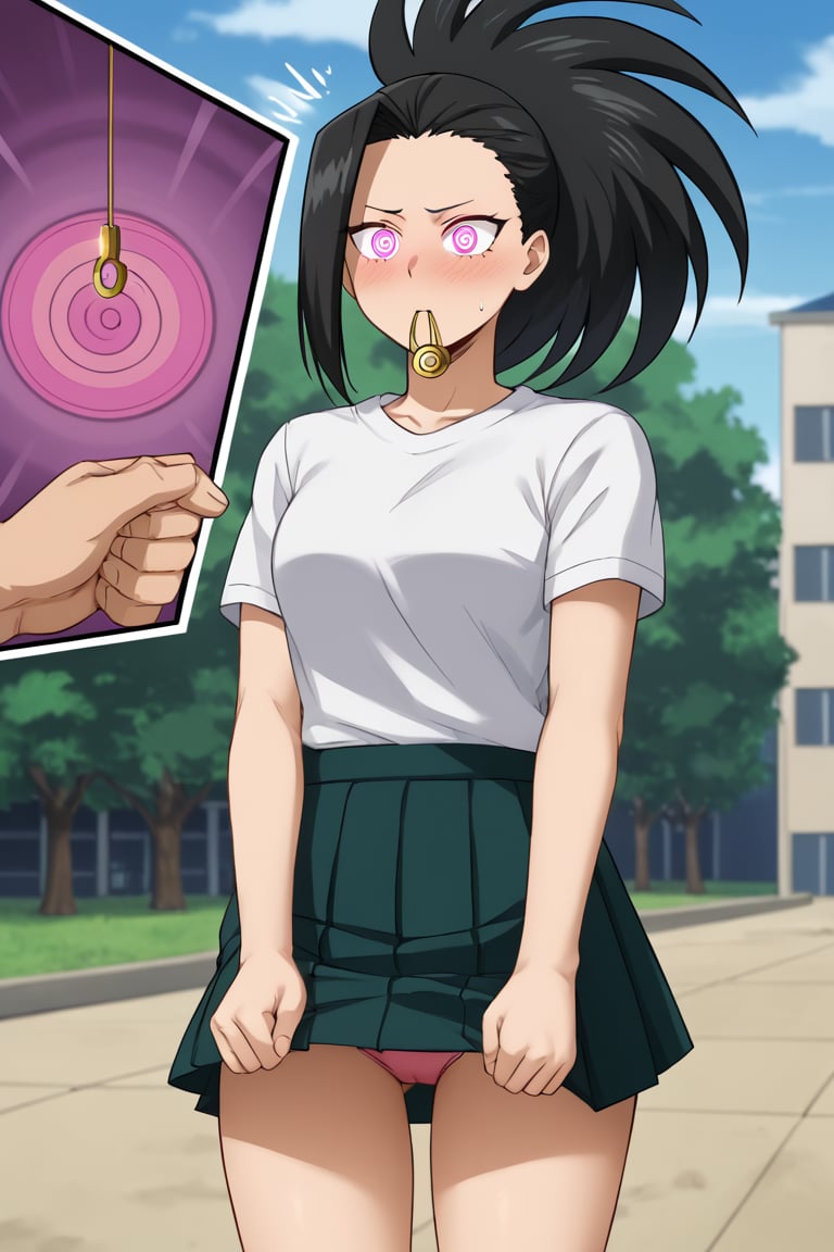 personaje 1: Girl, Hyaoyorozu momo, 1 girl, pink spiral eyes, black hair, ponytail, long hair, hair up, blushing, wearing a black T-shirt and a dark green pleated skirt. She is standing outside a school building in daylight, looking confused. Three-quarter body shot, thigh view, hypnosis, in the action of completely lifting her skirt, revealing pink underwear, with surprised expression, pendulum, clothes lift mouth hold, nice body, best quality, high resolution