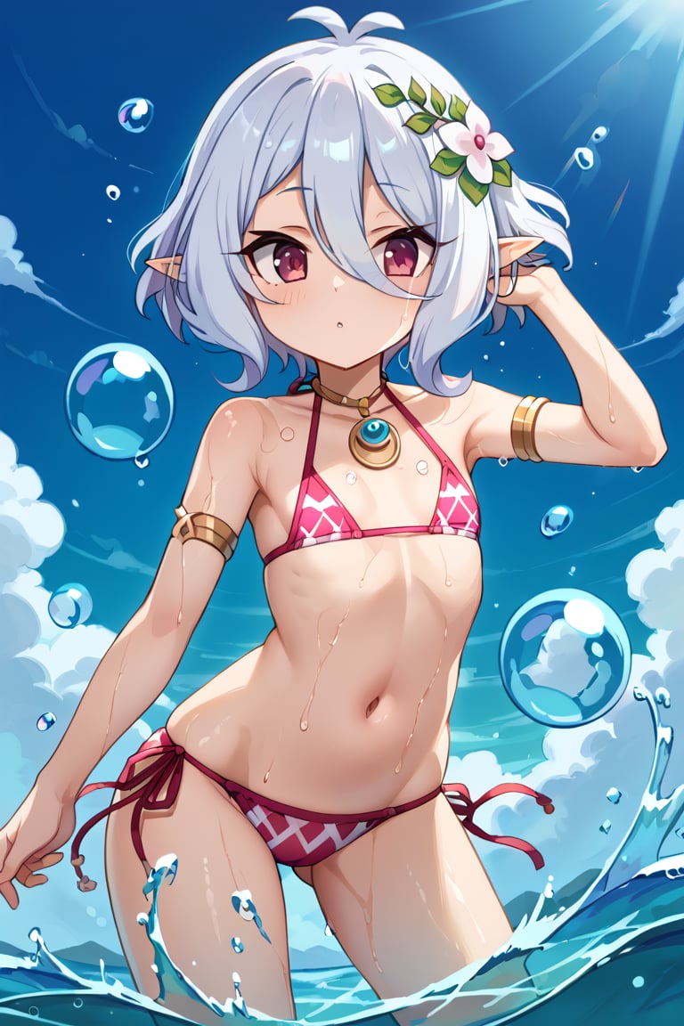 1girl, solo, Kokkoro_(Princess_Connect!), red_eyes, white hair, short_hair, antenna_hair, elf, pointy_ears, flat_chest,

Light pink bikini with geometric design/line pattern, triangle style, side-tie bottom bikini strings, thin halter neck straps, string bikini, swimsuit,

Bright blue sky, fluffy white clouds, scattered water bubbles, water splashes, summer environment, bright sunlight, clear day, white clouds, summer day,

Standing in waist-deep water, frontal view facing viewer, playing with hair with one hand, dynamic and playful pose, body slightly turned, water splashing around her body, water droplets on skin, splash effects, wet skin, swimming pose,more detail XL,