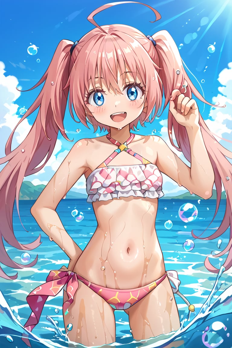 1girl, solo, Milim_Nava, cheerful smile, pink long twintails, blue eyes, fair skin, slight blush, looking at viewer, happy expression, bangs, ahoge (hair antenna),

Light pink bikini with geometric design/line pattern, triangle style, side-tie bottom bikini strings, thin halter neck straps, string bikini, swimsuit,

Bright blue sky, fluffy white clouds, scattered water bubbles, water splashes, summer environment, bright sunlight, clear day, white clouds, summer day,

Standing in waist-deep water, frontal view facing viewer, playing with hair with one hand, dynamic and playful pose, body slightly turned, water splashing around her body, water droplets on skin, splash effects, wet skin, swimming pose,