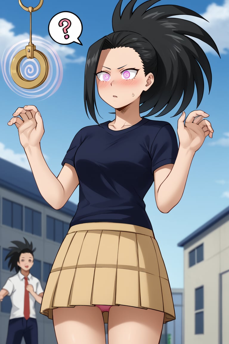 personaje 1: Girl, Hyaoyorozu momo, 1 girl, pink spiral eyes, black hair, ponytail, long hair, hair up, blushing, wearing a black T-shirt and a dark green pleated skirt. She is standing outside a school building in daylight, looking confused. Three-quarter body shot, thigh view, hypnosis, in the action of completely lifting her skirt, revealing pink underwear, with surprised expression, pendulum, clothes lift mouth hold, nice body, best quality, high resolution