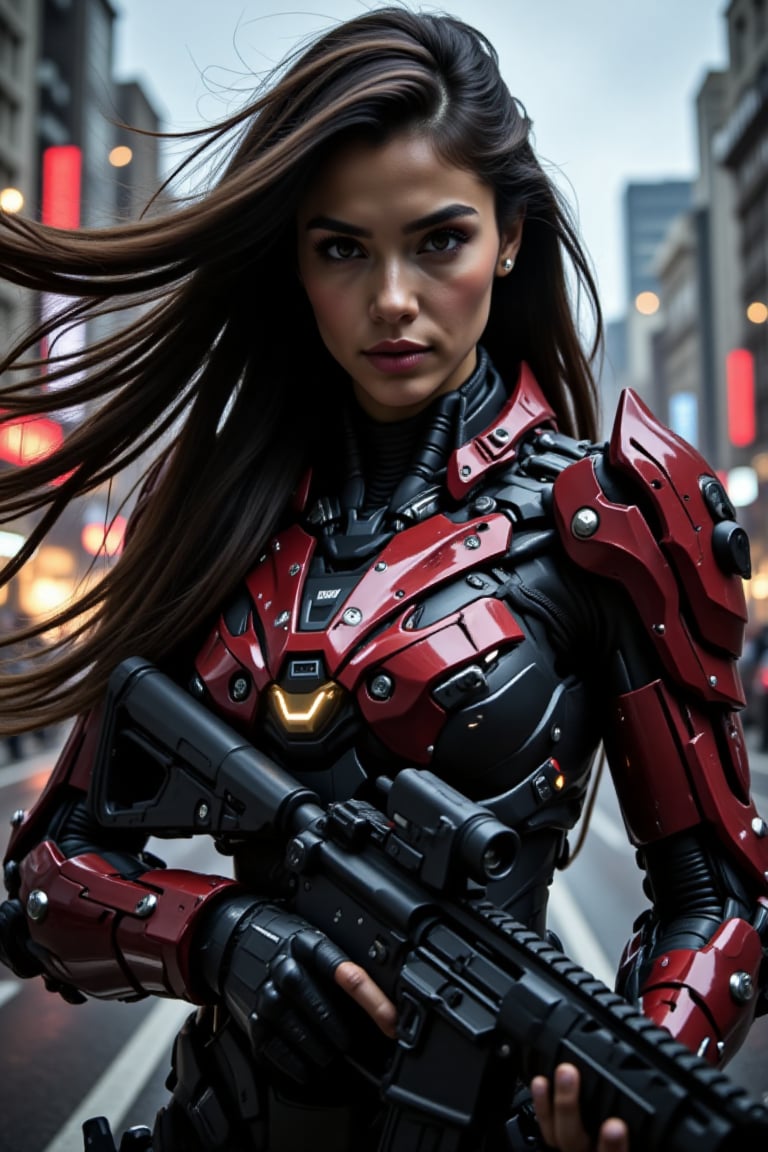 Close-up on a determined young woman's serene face, her long hair whipping wildly in the gusty wind as she wears imposing futuristic mecha armor and grips an M16 rifle tightly. In the turbulent backdrop, a maelstrom of flying bullets and explosions ravages the urban landscape, yet her stoic expression remains unshaken.