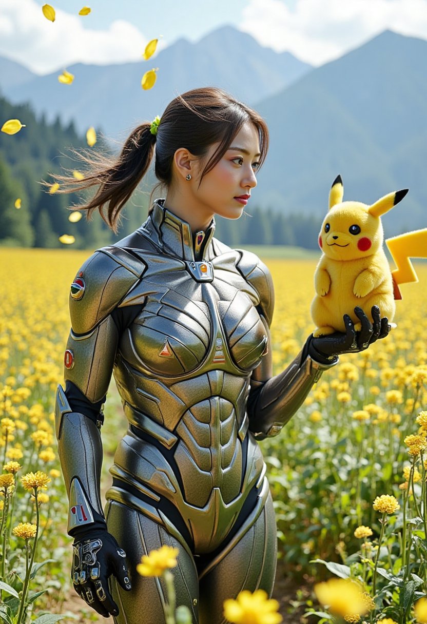 A young woman clad in mecha kimono and mecha armor stands majestically amidst a picturesque mountainous landscape, with a real-life Pikachu perched in her hand. Her lovely face is framed by long hair blown back by the wing's gentle caress. The vast flower field stretches out behind her, petals drifting lazily through the air as they fall around her. The foliage casts dappled shadows on her face and body, while lens flare and sunlight create a warm glow on her armor-plated limbs.