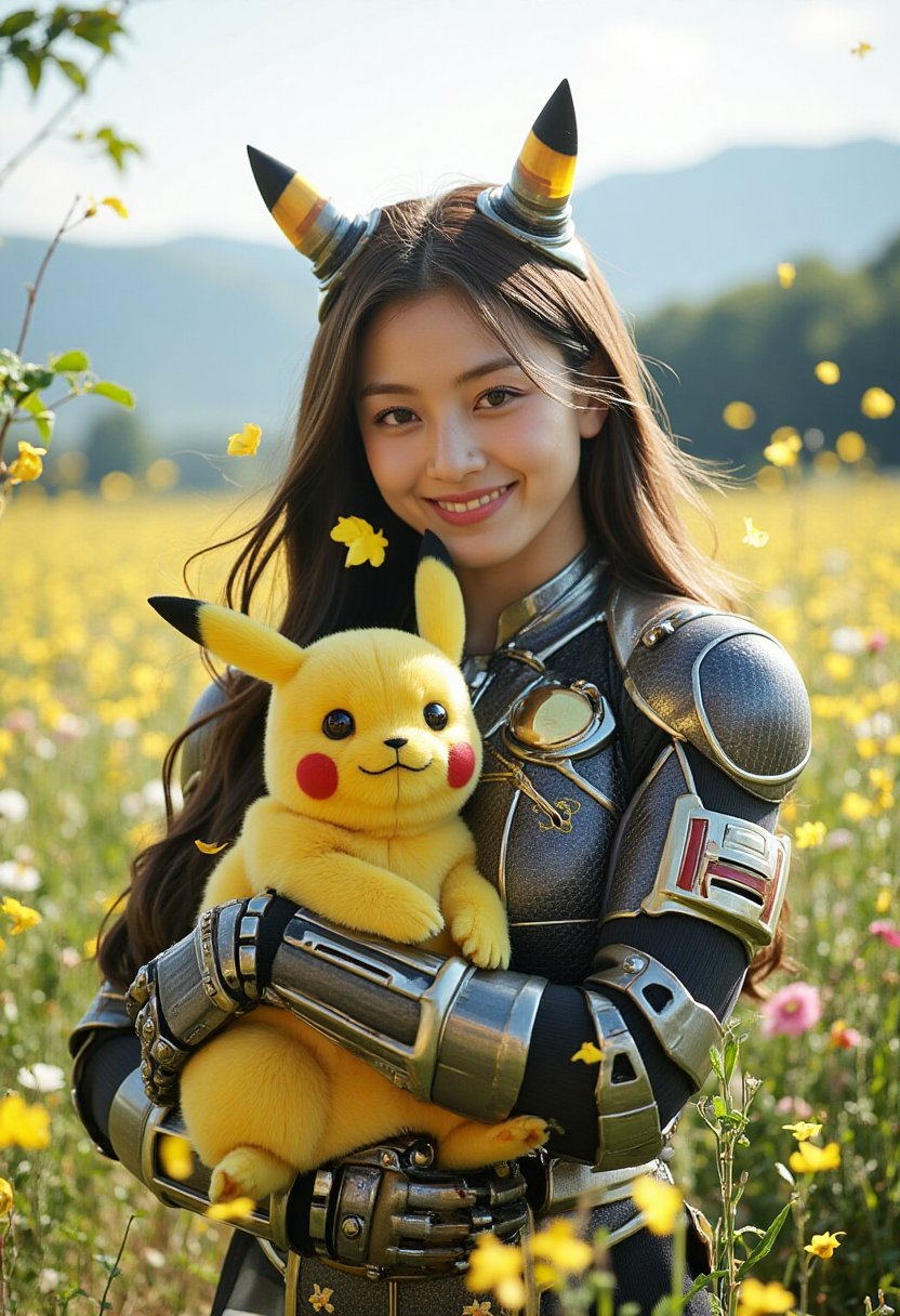 A young woman donning a mecha kimono and mecha armor stands majestically amidst a breathtakingly beautiful vast flower field at the mountain. As she cradles a real-life Pikachu in her arms, her lovely face beams with joy. The wind gently blows her long hair, framing her features. Flower petals fall around her, casting a serene atmosphere as foliage's shadows dance across her face and body. A lens flare and sun's shadow accentuate the drama of this picturesque scene.