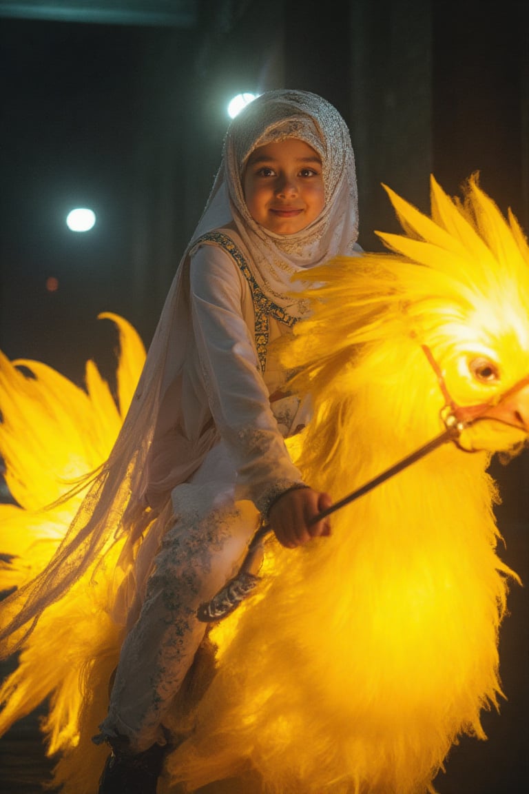 An elegant flower girl  lit by flashlight wearing layered flowy long hijab riding a bright yellow chocobo at high speed, front-centered view. Dynamic motion with wind-swept hair and motion-blurred background. Realistic style, vibrant colors, high detail, bright lighting, dramatic shadows, Riding Chocobo,farida,EnchantingGlow,LightBurst
