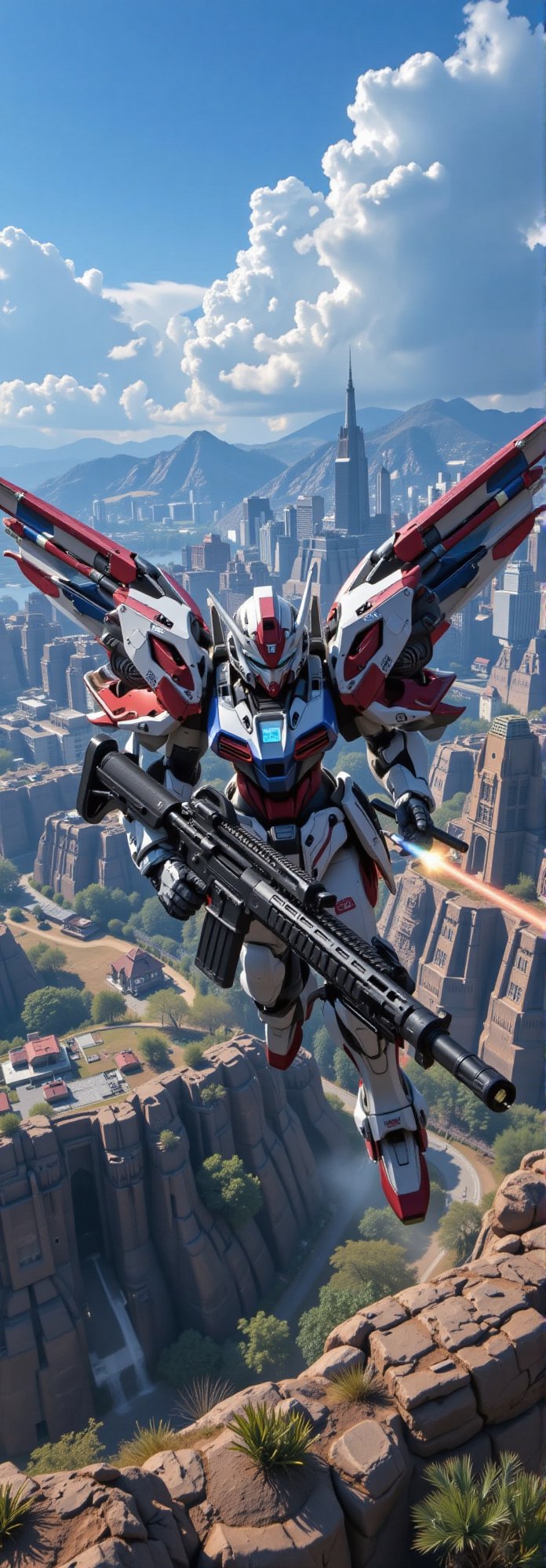 A girl wearing mecha suit Gundam Armor,  flying over the battlefield with a massive jetpack. She graps a giant rifle by Ye...