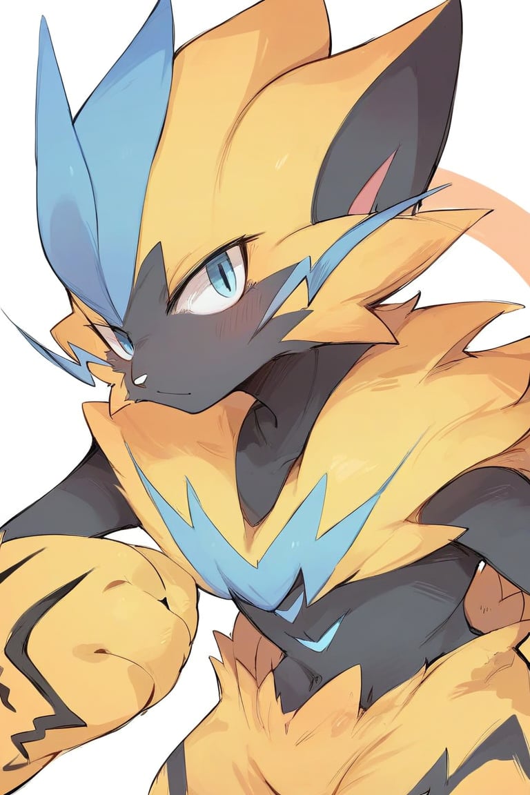 score_9, score_8, score_7_up, score_6_up, rating_safe, source_furry, best quality, 1boy, Pokemon, Zeraora, portait, looking at viewer, white background, empty background