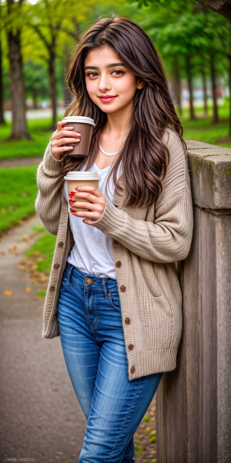 beautiful cute young attractive indian teenage

girt, village girl, 18 years old, cute, Instagram model, long black hair, colorful hair, 
, indian, little smiling, smooth Imagine a girl standing in a sunlit park during autumn. She has long, wavy chestnut hair gently blowing in the wind, wearing a cozy knitted sweater and jeans. Her face shows a soft, thoughtful expression as she holds a cup of coffee, gazing at the colorful leaves falling around her. The background is filled with tall trees, their leaves in shades of orange, red, and yellow. The light creates a warm, golden glow on her skin, emphasizing the peaceful, serene atmosphere of the scene.