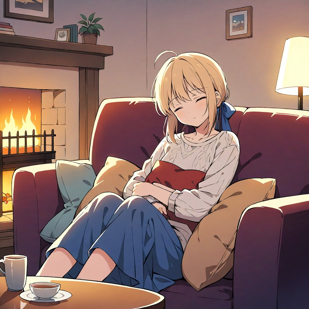 An anime-style character inspired by Saber, peacefully sleeping while sitting on a cozy sofa inside a warm, comfortable home. She is the only character in the scene, dressed in casual, comfortable clothing, with her head slightly tilted to the side, resting against the back of the sofa. The soft lighting in the room creates a calm and inviting atmosphere, with blankets and pillows adding to the coziness. A small fireplace or warm light in the background adds a homely, serene feel to the scene.