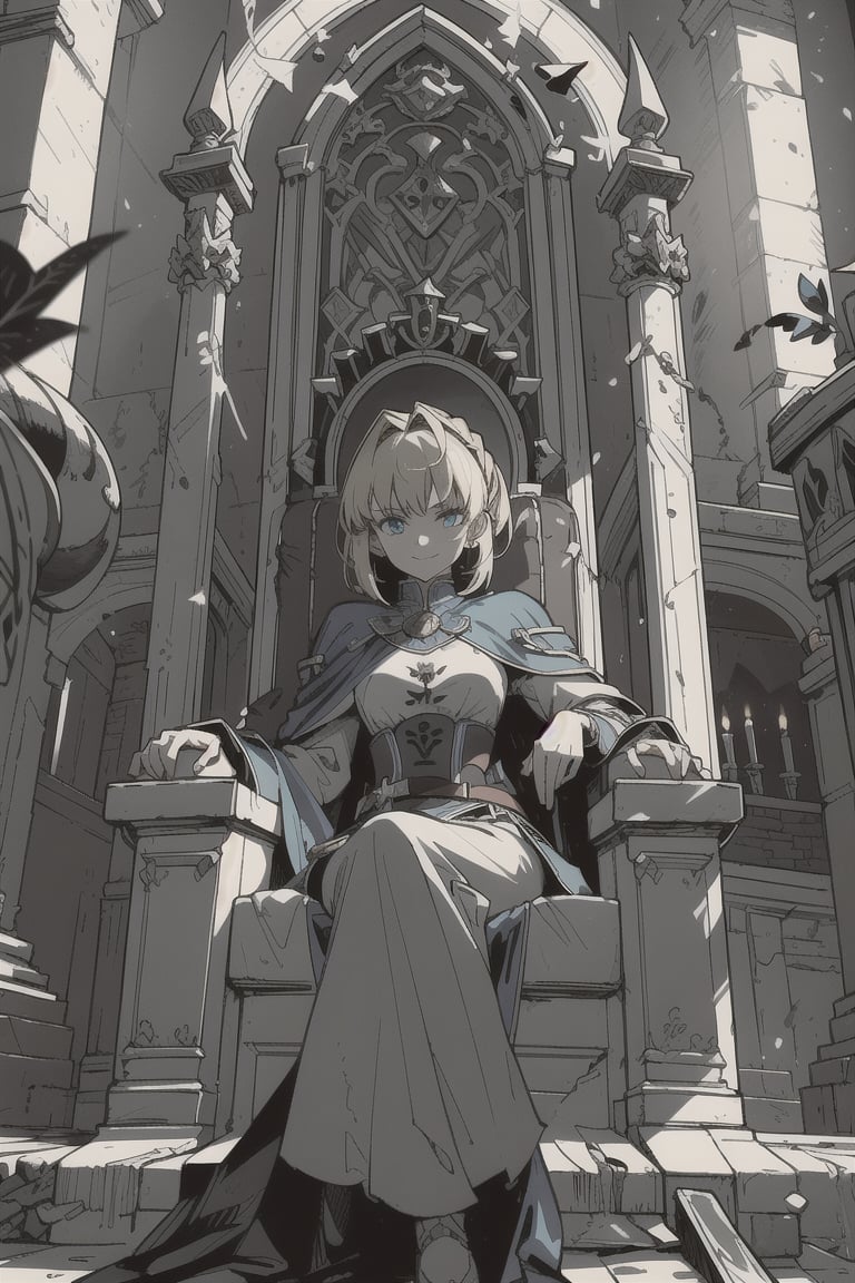 "(masterpiece), (best quality), (high resolution), (8k illustration), (absurdres), anime style, 1girl, character inspired by Saber, sitting on a grand throne inside a dark, gothic castle. She has blonde hair, is wearing her iconic blue and white armor, and a flowing cape. Saber is smiling confidently with a regal and powerful expression. The throne room is dimly lit, with towering stone walls, ornate gothic decorations, and flickering shadows that add to the dark, majestic atmosphere. Soft light highlights her confident smile and the detailed textures of her armor and the throne. Full body shot, focus on her sitting posture, the throne, and the intricate gothic setting."