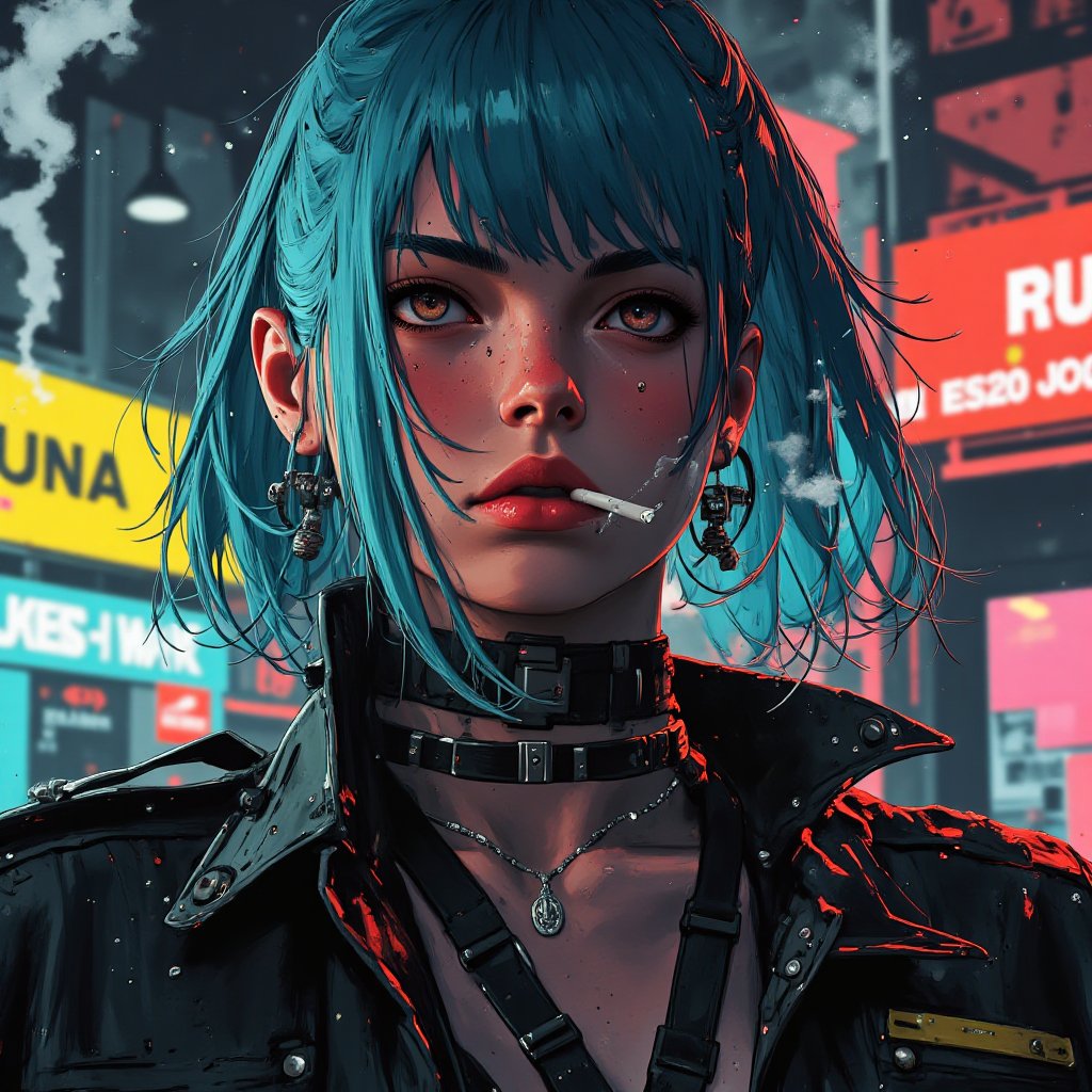 (((masterpiece))), (((ultra-detailed))), (((high quality))), detailed face, perfect face, detailed body, super detail, perfect hands, perfect fingers, perfect anatomy, detailed eyes, perspective, anime style, Guweiz style, cyberpunk, neon lighting, 1 girl, solo, East Asian woman, full body, tangled short sky blue hair, piercing, obliques, serious expression, smoking a cigarette, smoke swirling around, punk accessories, multiple earrings, necklaces, choker, shaper eyeliner, glossy lips, silver jewelry, cinematic lighting, rim lighting, wearing a black leather jacket, cyberpunk night club background, dark and sleek, cold and determined expression, badass attitude, low-lighting, moody atmosphere, gritty urban style, punk-inspired look, dramatic shading,guweiz, trending on artstation, trending on deviantart