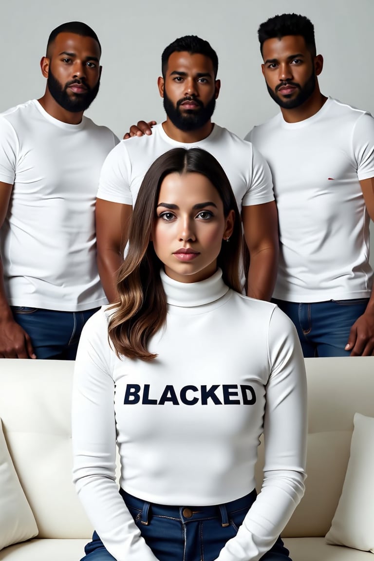 (((Sophie XDT a white woman,  a stunning woman with an elegant presence,  sits on a white couch))). She wears a fitted tur...
