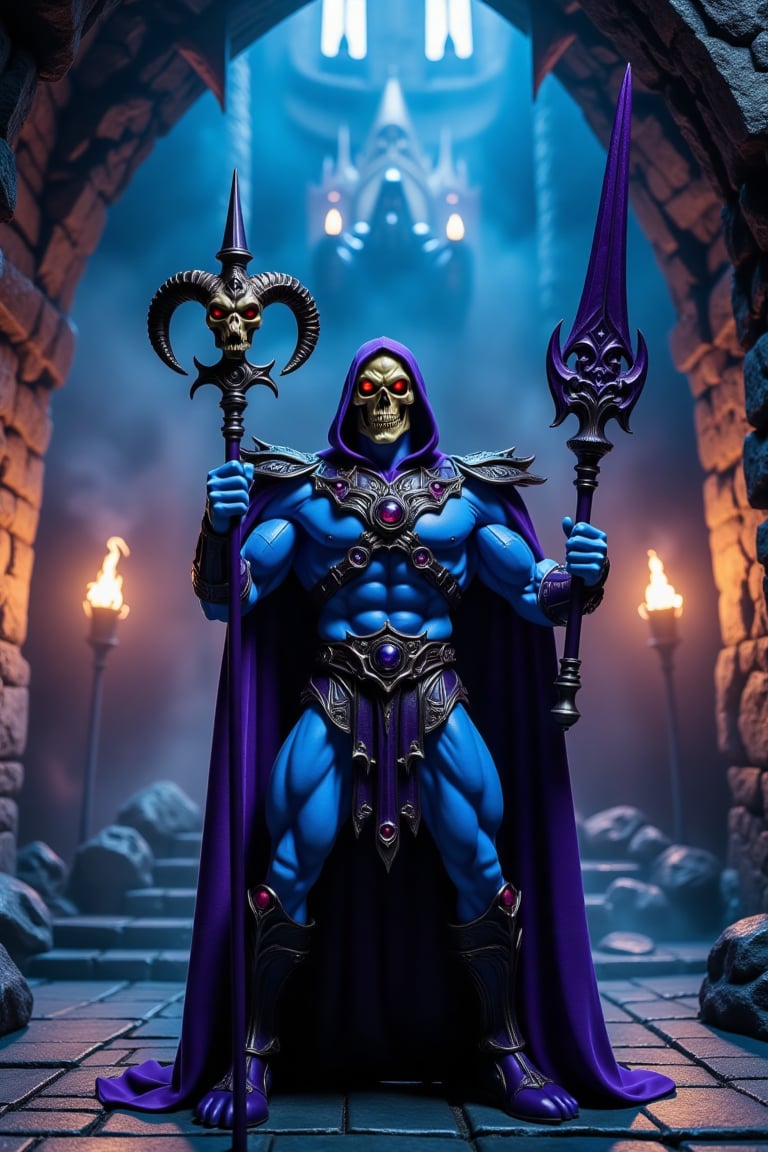 Skeletor IS A Skull face and blue skin, standing menacingly inside his dark and ominous castle, with towering stone walls and gothic architecture. His characteristic ram skull staff in one hand and his iconic dark purple sword in the other, glowing faintly. The room is dimly lit by torches casting eerie shadows, with a backdrop of sharp, jagged rocks and an ancient throne behind him. His piercing red eyes glint with malice, his muscular form wrapped in dark armor, as the wind from outside rattles the large iron doors of the castle. The atmosphere is intense, realistic, and immersive in 4K detail., ((Skull face and blue skin))